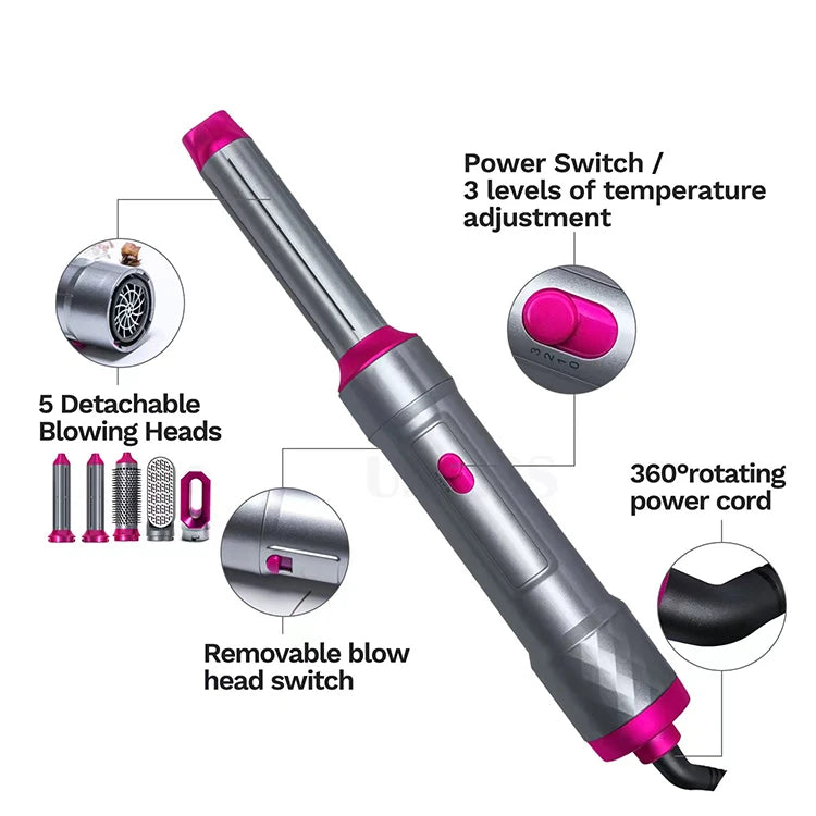 Hair Dryer 5-In-1 Electric Hair Comb Negative Ion Straight Curler Brush Blow Dryer Air Comb Removable Brush Kit Tool